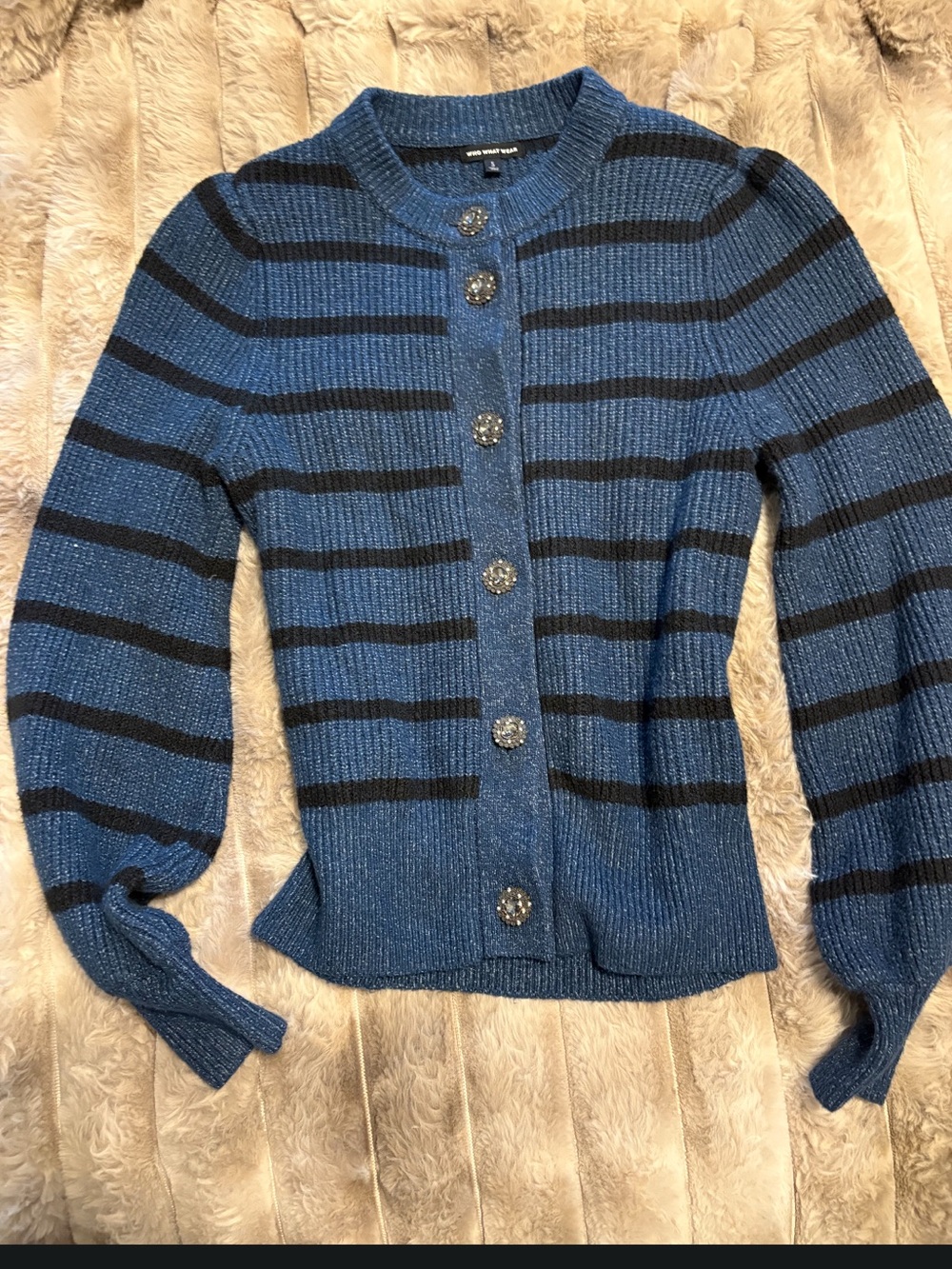 Blue and Black Striped Knit Cardigan with Decorative Buttons